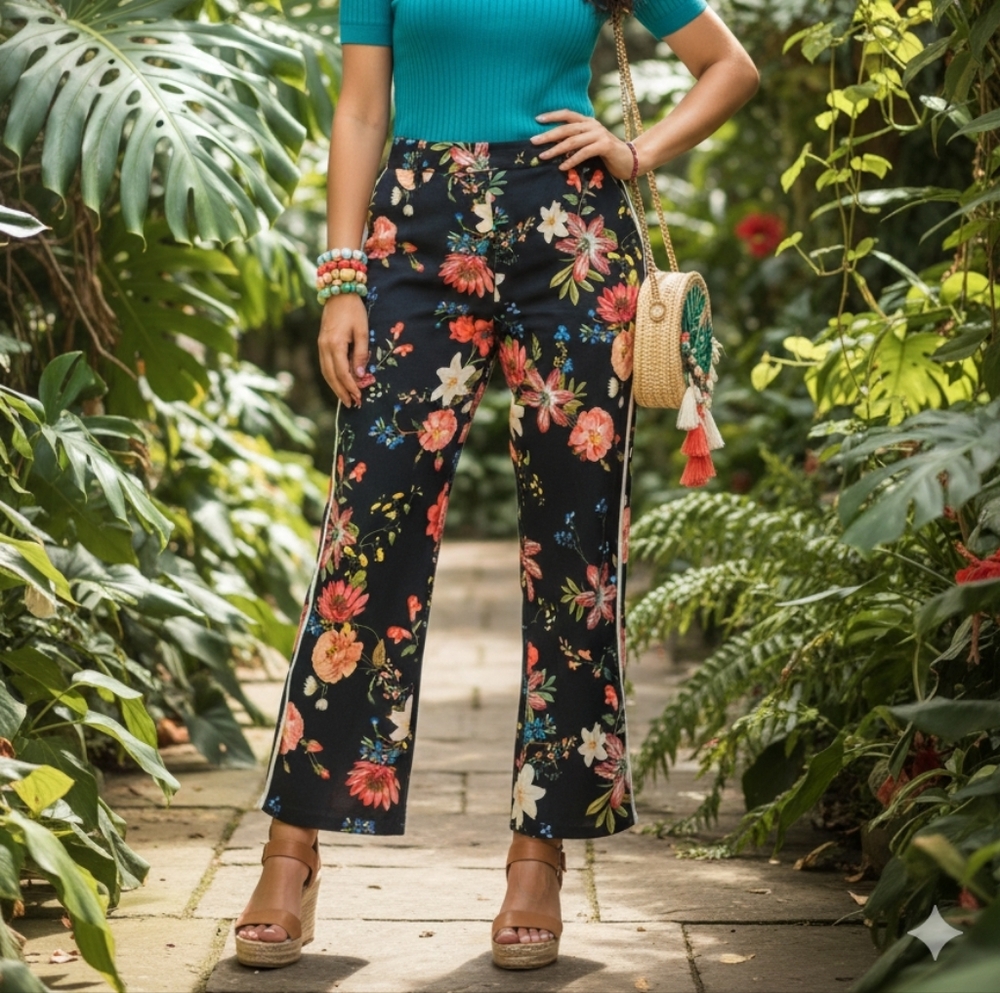 EUC FARM Rio Size Small Black Tropical Floral Wide Leg Pants White Side Stripe!